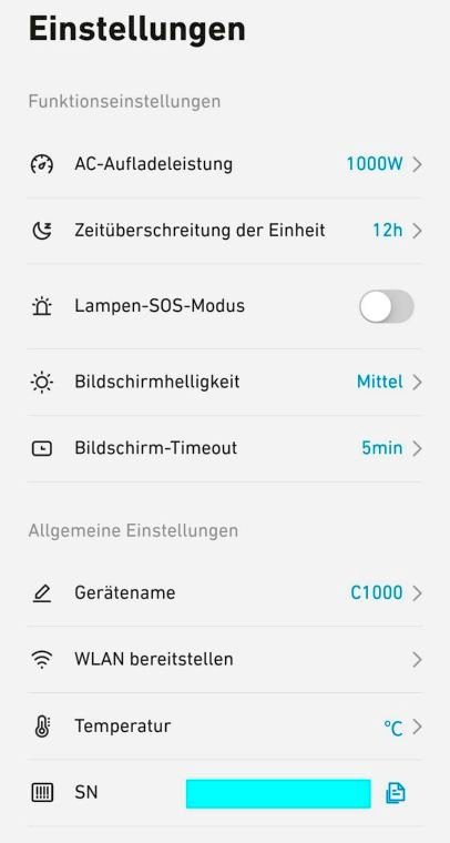 Solix C1000 App Einstellungen